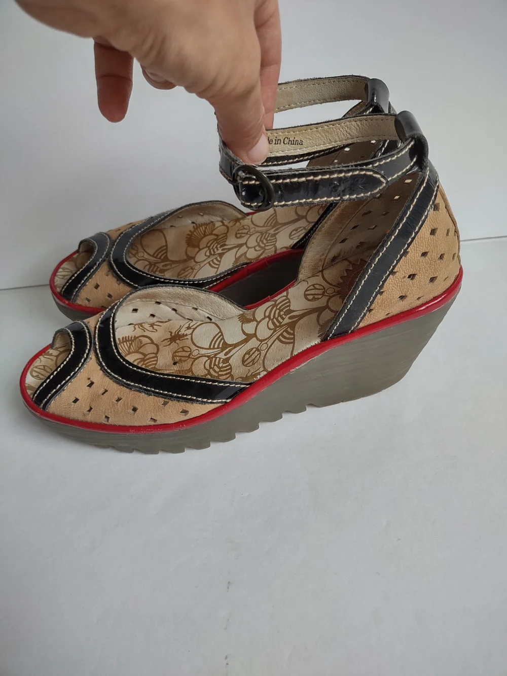 Fly London Tan and Black Wedge Sandals with Red Trim